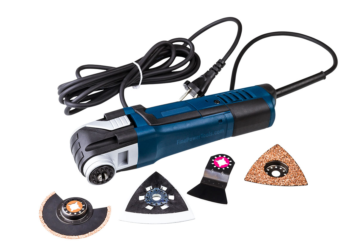 An oscillating, blades and accessories displayed on white background.