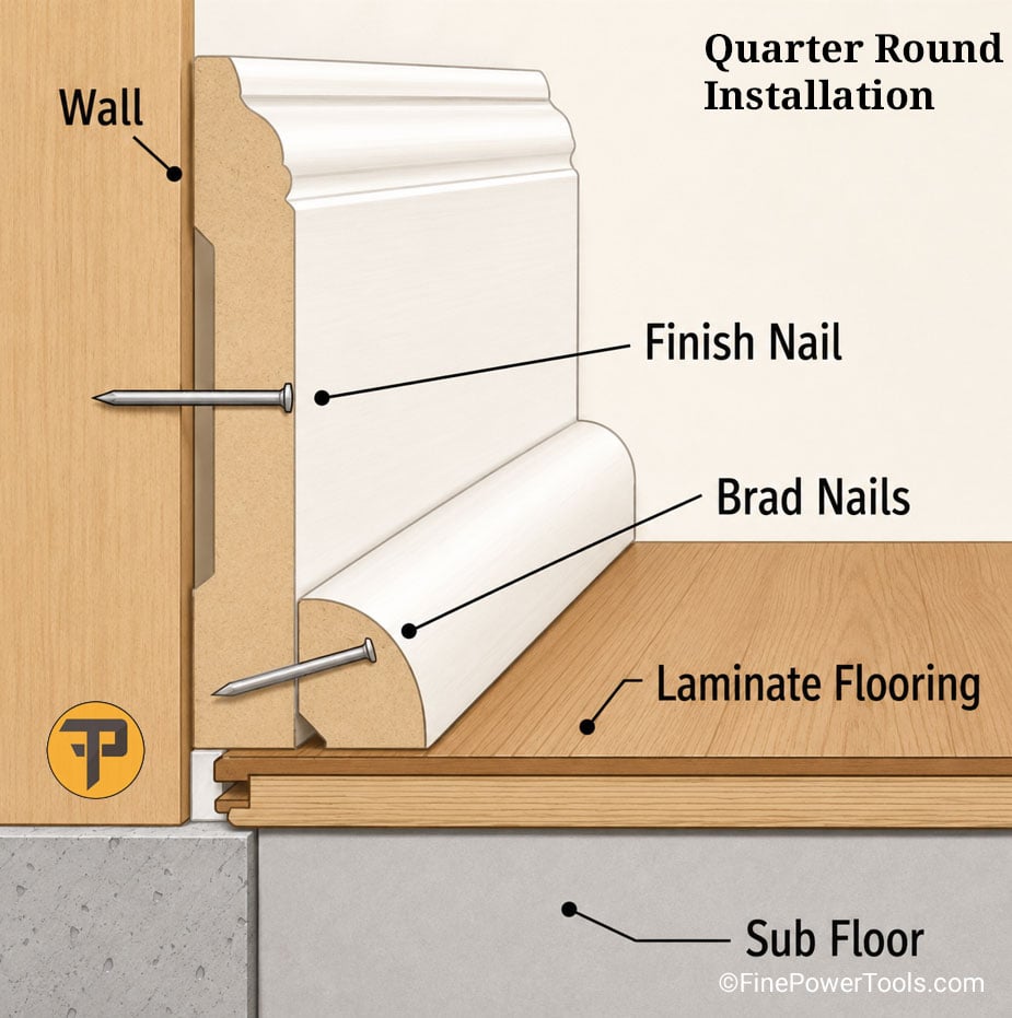 Diagram showing quarter round installation on baseboard above the flooring