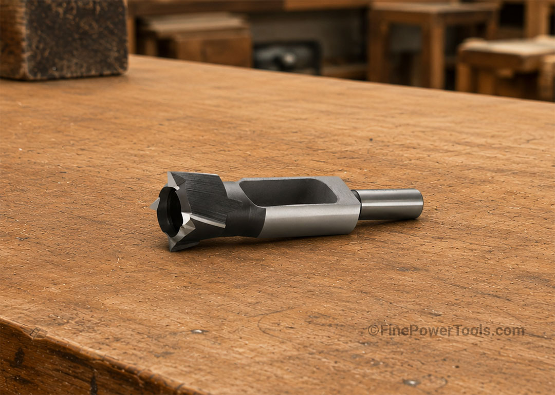 plug-cutter A wood plug cutter bit on work bench at FinePowerTools.com