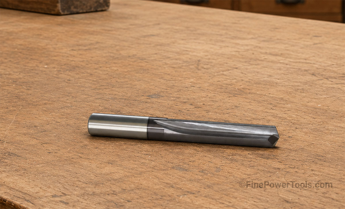 Carbide Straight Fluted Drill Bit A carbide Straight Flute Drill Bit on wooden workbench at FinePowerTools