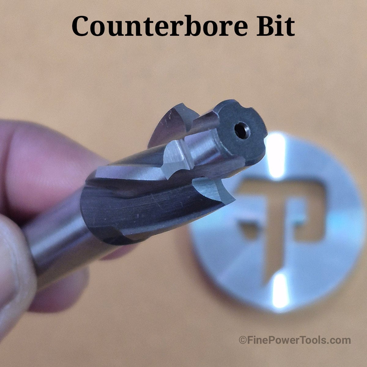counterbore-bit Dan holding a counterbore bit (Close-up shot)