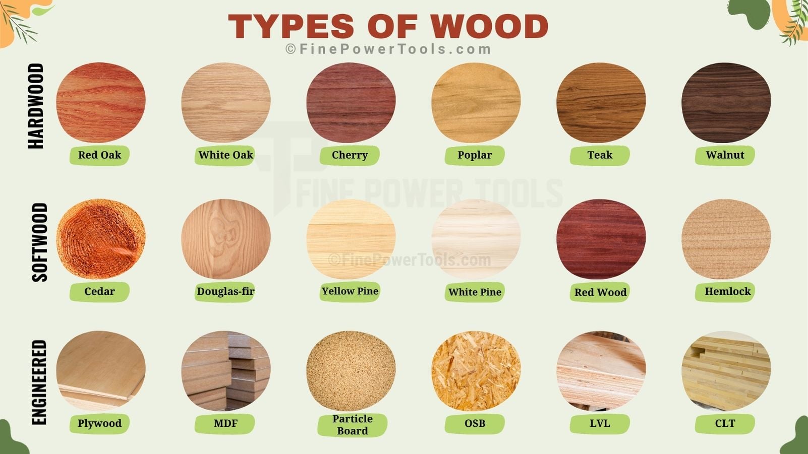 Types of Wood Different types of wood species from hardwood, softwood and enginnered wood.